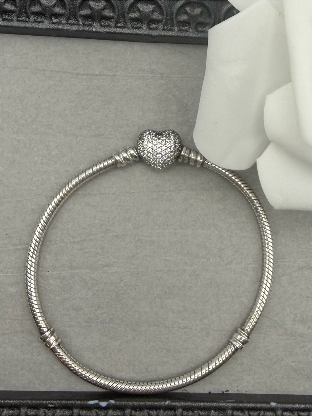 Pandora Silver Pave Heart Clasp Snake Chain Bracelet